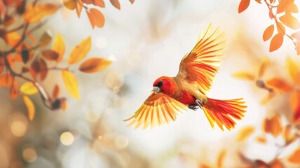 Vibrant bird in flight among autumn leaves