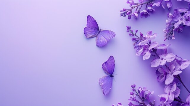 Two purple butterflies with sprig of lilac flowers on lavender background