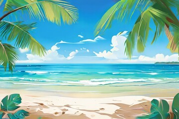 Obraz premium palm tree green leaves turquoise ocean water blue sky sun white cloud yellow sand summer holidays