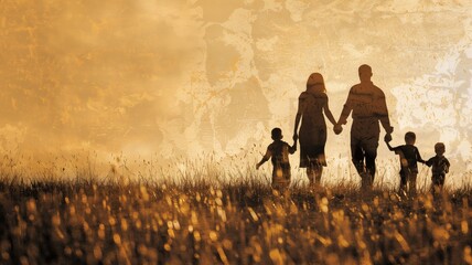 Silhouette of family walking hand in field at sunset