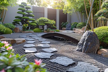 Zen garden with raked sand, smooth stones, and a small wooden bridge