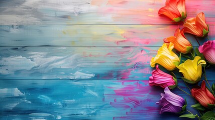 Colorful flowers on vibrant, multicolored painted wooden background