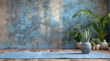 Rustic room interior with plants on textured table against distressed wall