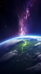Fototapeta premium Beautiful view of Earth from space, purple and green Northern Lights