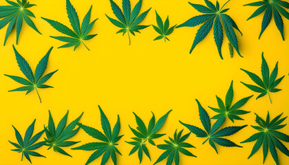 A close-up of cannabis leaves arranged in a frame on a bright yellow background