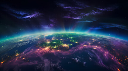 Fototapeta premium Beautiful view of Earth from space, purple and green Northern Lights