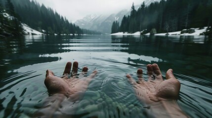 Two hands are immersed in a body of water, creating ripples on the surface. The water is clear and reflects the sky above.