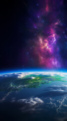 Fototapeta premium Beautiful view of Earth from space, purple and green Northern Lights