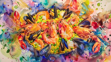Vibrant watercolor image of a seafood paella, rich in colors with saffron yellow rice, peas, and a variety of shellfish