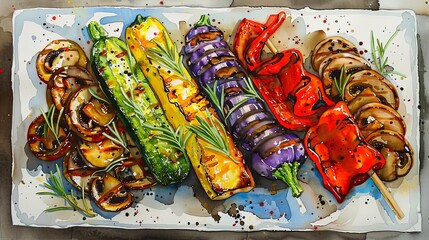 Vibrant watercolor of a grilled vegetable platter, showcasing charred bell peppers, zucchini, and mushrooms with a creamy aioli