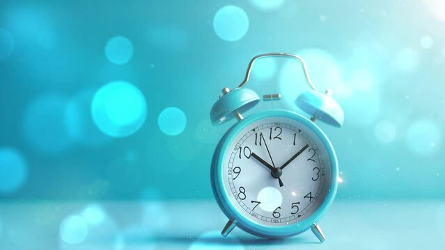Close up one blue alarm clock over blue background. seamless looping overlay 4k virtual video animation background