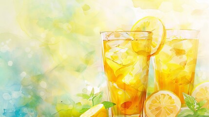 Vibrant watercolor scene of a summer iced tea with slices of lemon and mint, refreshing and bright against a sunny backdrop