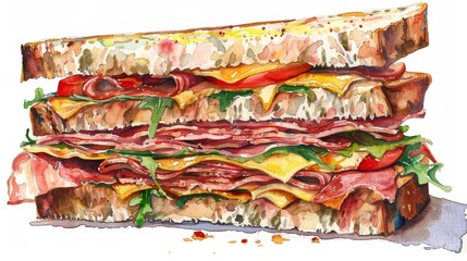 Watercolor depiction of a classic club sandwich, layers of premium meats and cheeses, served on toasted artisan bread, colors vibrant and inviting