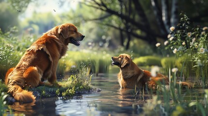 Create a dynamic composition showcasing a pet and its partner engaged in a playful interaction amidst the beauty of the outdoors Utilize digital techniques to enhance the realism o