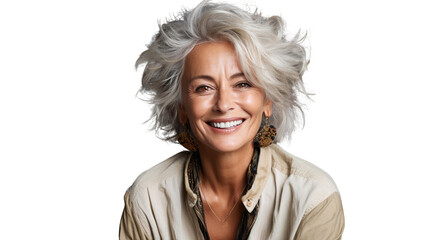 Portrait of a beautiful aging mature woman with gray hair and happy smiling, isolated on transparent background