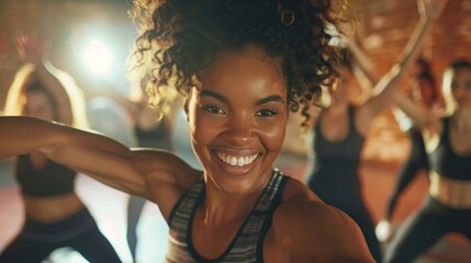 A fitness class instructor leading a workout class filled with enthusiastic participants all excited for the challenge of Dry January.