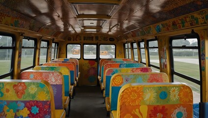 A kaleidoscopic school bus adorned with quirky designs, ferrying giggling children to an imaginary destination ai_generated