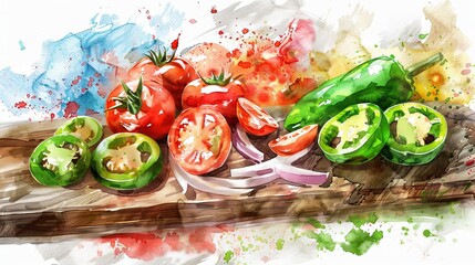 Watercolor illustration of fresh diced tomatoes, onions, and jalapenos on a rustic wooden board, bright colors popping against the wood