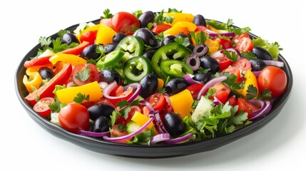 Studio-lit image of a vibrant Greek salad, rich in colors from bell peppers to olives, set on a pure white background, emphasizing freshness and healthy ingredients