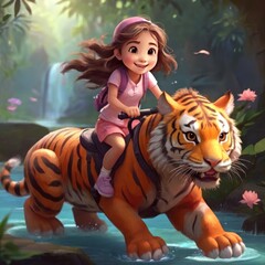 cute action of girl riding a tiger, happy moment, anime style, cute character, with forest background