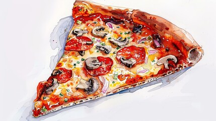 Watercolor of a cheesy thin crust pizza with glistening pepperoni, vibrant mushrooms, and onions, showcasing delectable textures