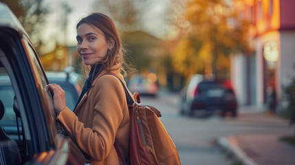Woman getting into her car on her way home from work. Work-life balance.