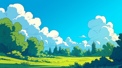 Obraz premium Nature Landscape with Blue Sky. Nature landscape with blue sky clouds wallpaper. Cartoon illustration of a road in a field with blue sky and clouds. Grass Field landscape with blue sky and white cloud