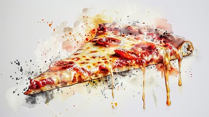 Watercolor of a steaming New York-style pizza slice, vivid colors highlighting the gooey cheese and crispy crust, symbol of urban culinary delight