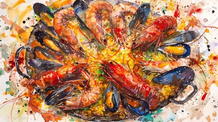 Watercolor of a vibrant seafood paella, rich colors depicting the mix of seafood, rice, and spices in a traditional pan