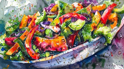 Watercolor painting of a vibrant vegetable stir-fry, bright colors capturing the freshness and crisp textures of the veggies