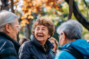 Elderly people walking in the park in autumn. Selective focus.