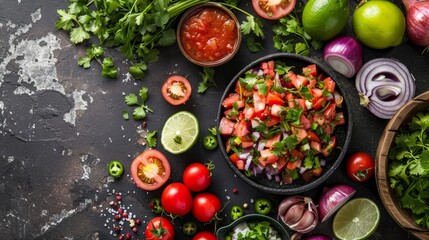 Overhead view capturing the essence of Pico de Gallo preparation, ingredients like cilantro and lime distinctly set against a stark background, illuminated by studio lights