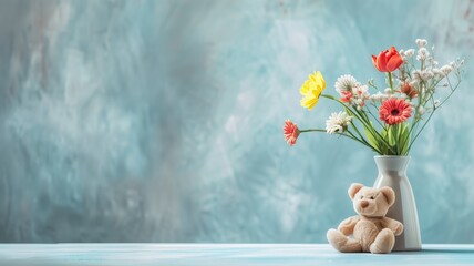 Various flowers in white vase next to bear against blue textured background