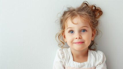 Young child with curly hair smiling softly against light background