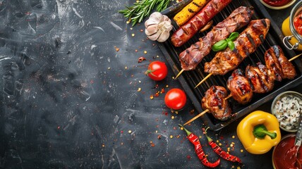 Assorted grilled meat skewers with spices and sauces on dark background