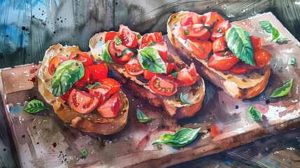 Watercolor still life of bruschetta on a rustic wooden table, fresh tomatoes and basil vivid against the toasted bread