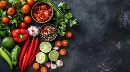 High-resolution, top angle photo of Pico de Gallo ingredients, arranged for high visual impact, with studio lighting creating a dramatic effect