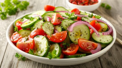 High-resolution image of a classic Greek salad, focusing on the lush green cucumbers and red tomatoes, with a tangy touch of red onion, studio isolated backdrop