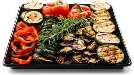 Healthy grilled vegetable platter with fresh bell peppers, zucchini, eggplant, and mushrooms, perfect for a diet-friendly meal, isolated studio setting