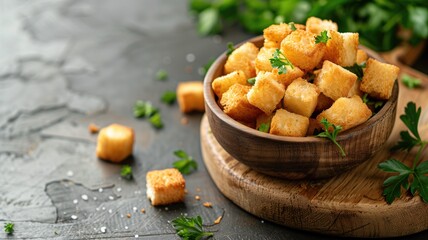 Golden croutons in wooden bowl on dark surface, garnished with parsley