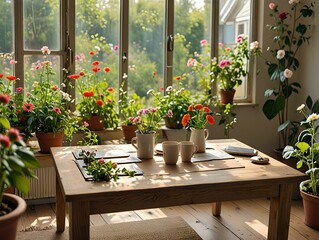 Fototapeta premium 3D rendering, Blooming Beauties: Summer Flower Decoration Adorning Walls and Flowerpots