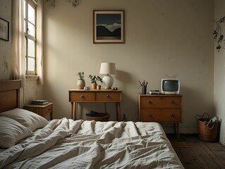 3D rendering, Luxurious Bedroom Retreat: Elegant Furniture and Designer Lamp