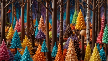 Fototapeta premium A whimsical forest adorned with chocolate trees, their cartoon-like forms dripping with vibrant, sugary hues ai_generated