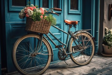 Blue bicycle in room with flowers in basket. Generative ai