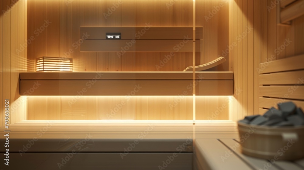 Poster a minimalist sauna interior with a monochromatic color scheme and customizable digital controls for 