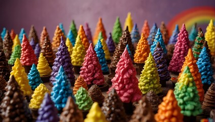 Fototapeta premium A scene featuring playful chocolate trees, their cartoon-like appearance accentuated by a rainbow of vibrant colors, tempting anyone to take a bite ai_generated