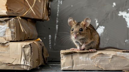 Mouse perched on damaged cardboard in cluttered space