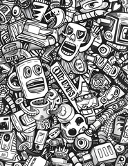 A black and white drawing of various objects including a robot, a cup