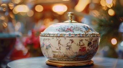 A beautifully engraved porcelain music box showcasing a whimsical scene of dancers in elaborate...