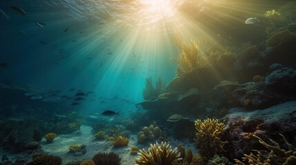 Fototapeta premium Underwater view of the coral reef and school of fish with light flare. Life in the deep ocean.